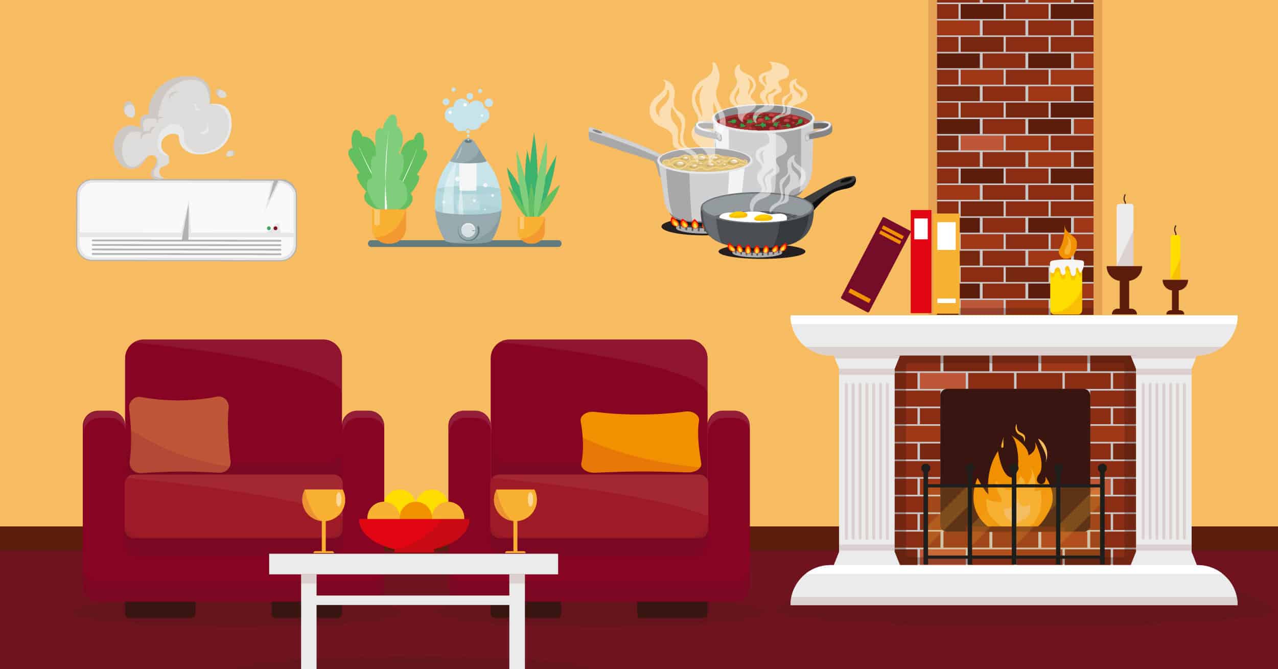 image of two chairs by a fireplace with iaq products around